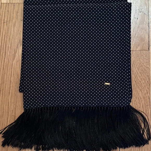 SAINT LAURENT - 100% SILK BLACK & WHITE POLKA DOT FRINGE SCARF - Picture 7 of 10